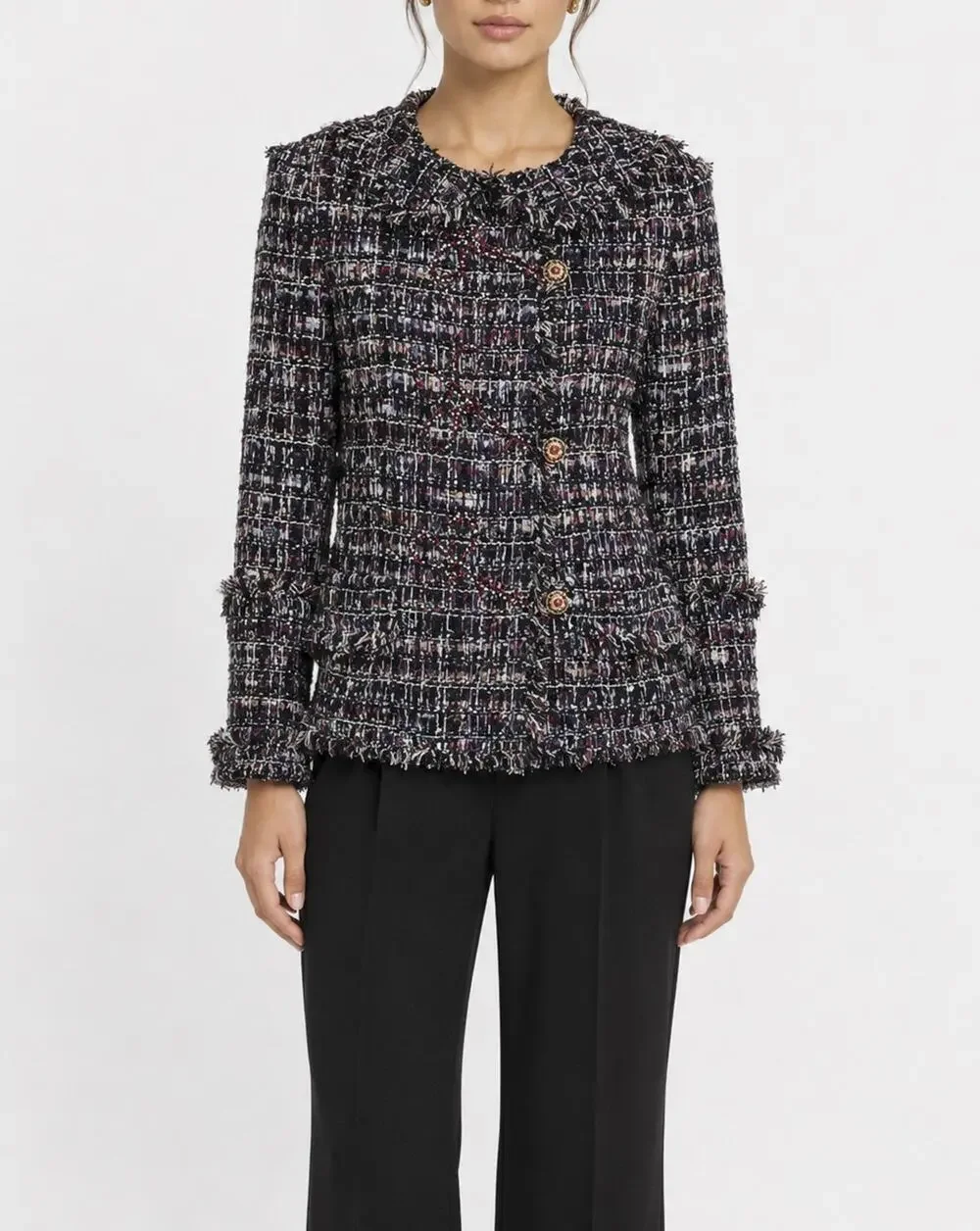 CHANEL 10C Runway Tweed Jacket Crystal Embroidered Fringe IT 42 Karl Lagerfeld